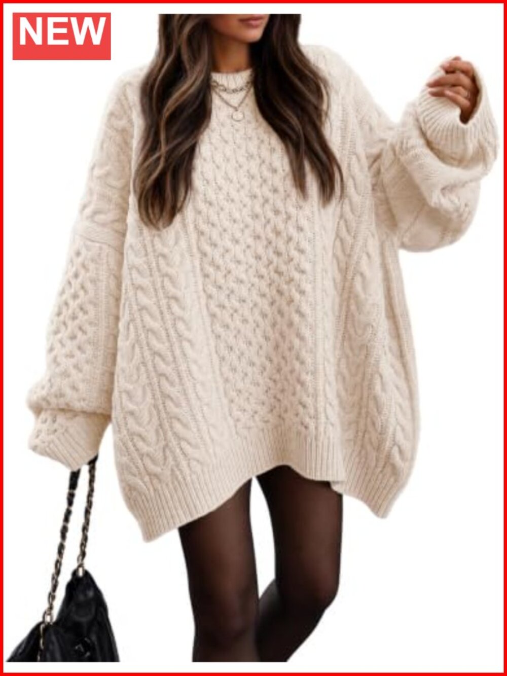 Oversized Chunky Cable Knit Tunic Sweater Crewneck Long Sleeve Pullover